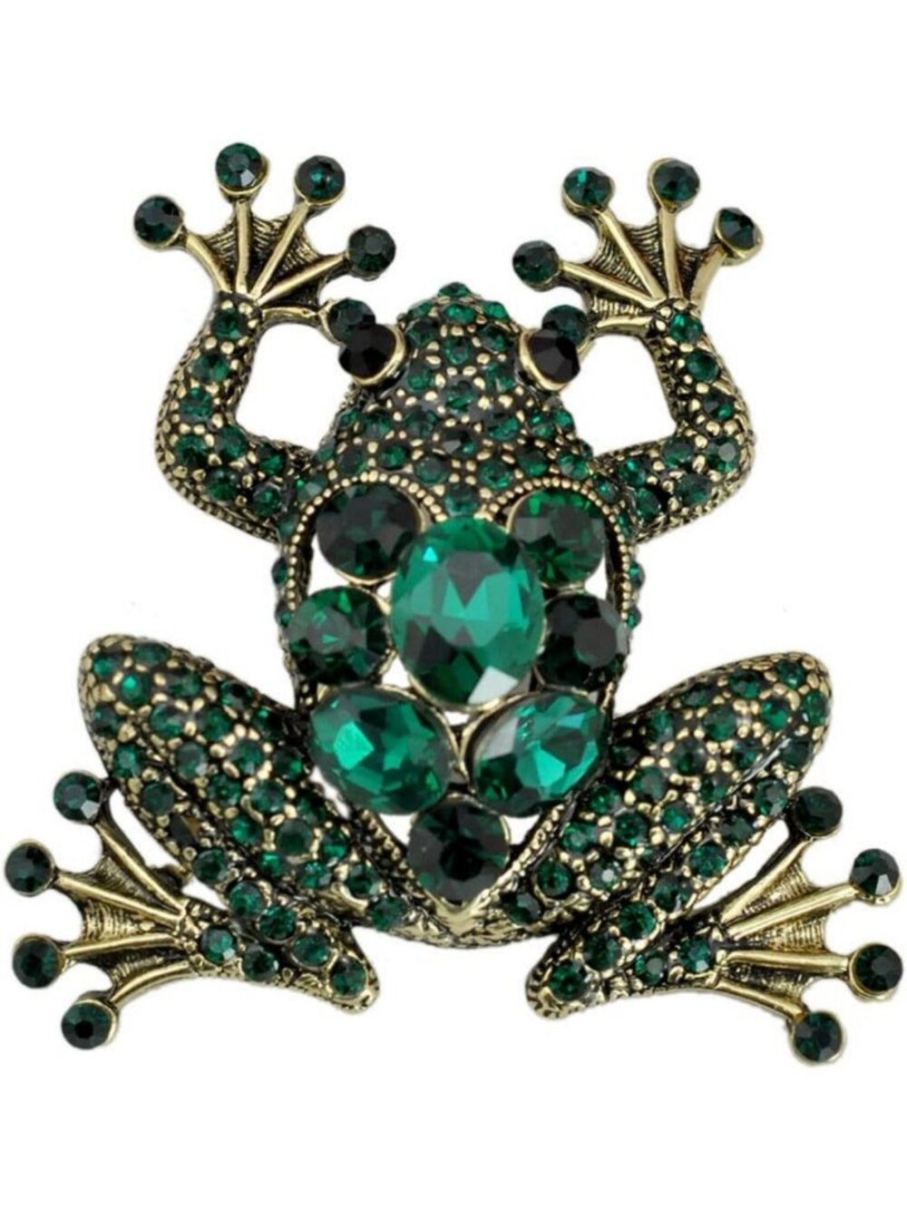 Chic Brass Tone Peridot Green Rhinestone Frog Brooch Pin - Unique Statement
